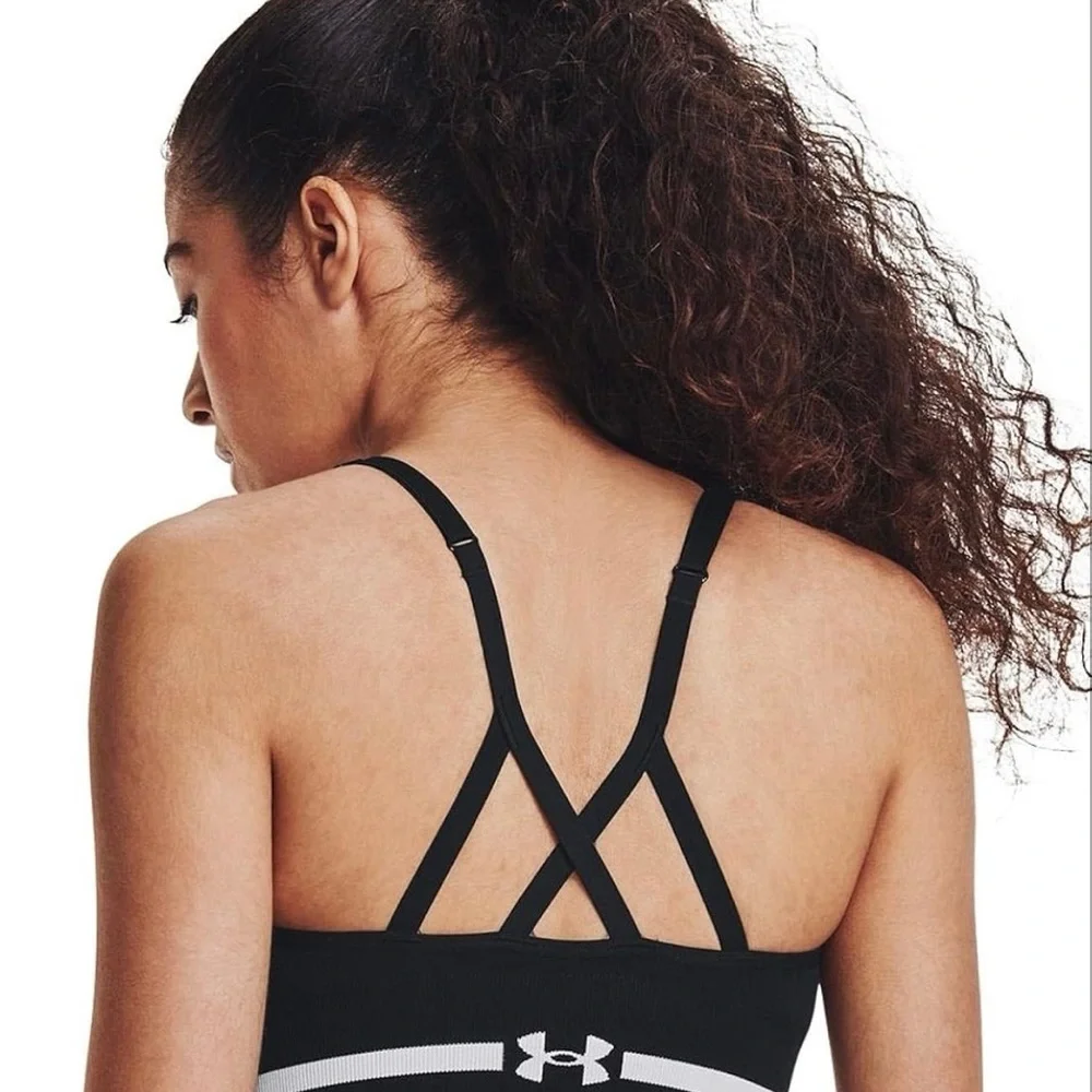 Under Armour Women's Black Sports Bra with white detailing - Picture 3 of 6